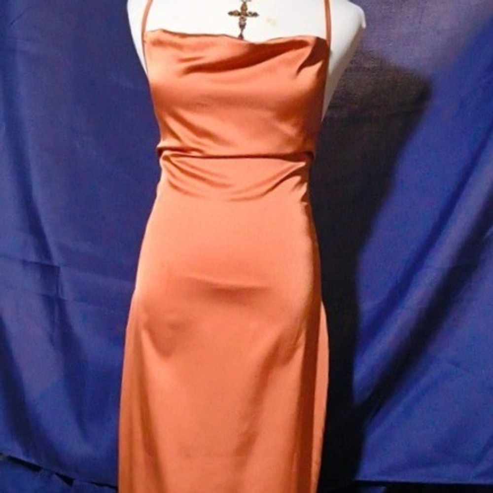 PrettyLittleThing Rust Satin Cowl Neck Lace Up Back Midi Dress US 6 NEW - Picture 15 of 16